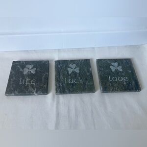 Irish Connemara Marble Green Shamrock Life Love Laugh Set 3 Three Coasters.